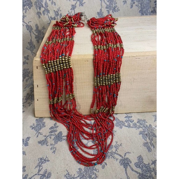 Vintage Red Beaded Necklace with Turquoise and Bronze beads - Picture 1 of 5